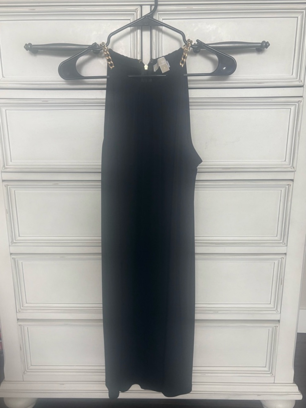 MICHAEL Michael Kors Black Midi Dress with Gold Chain Straps